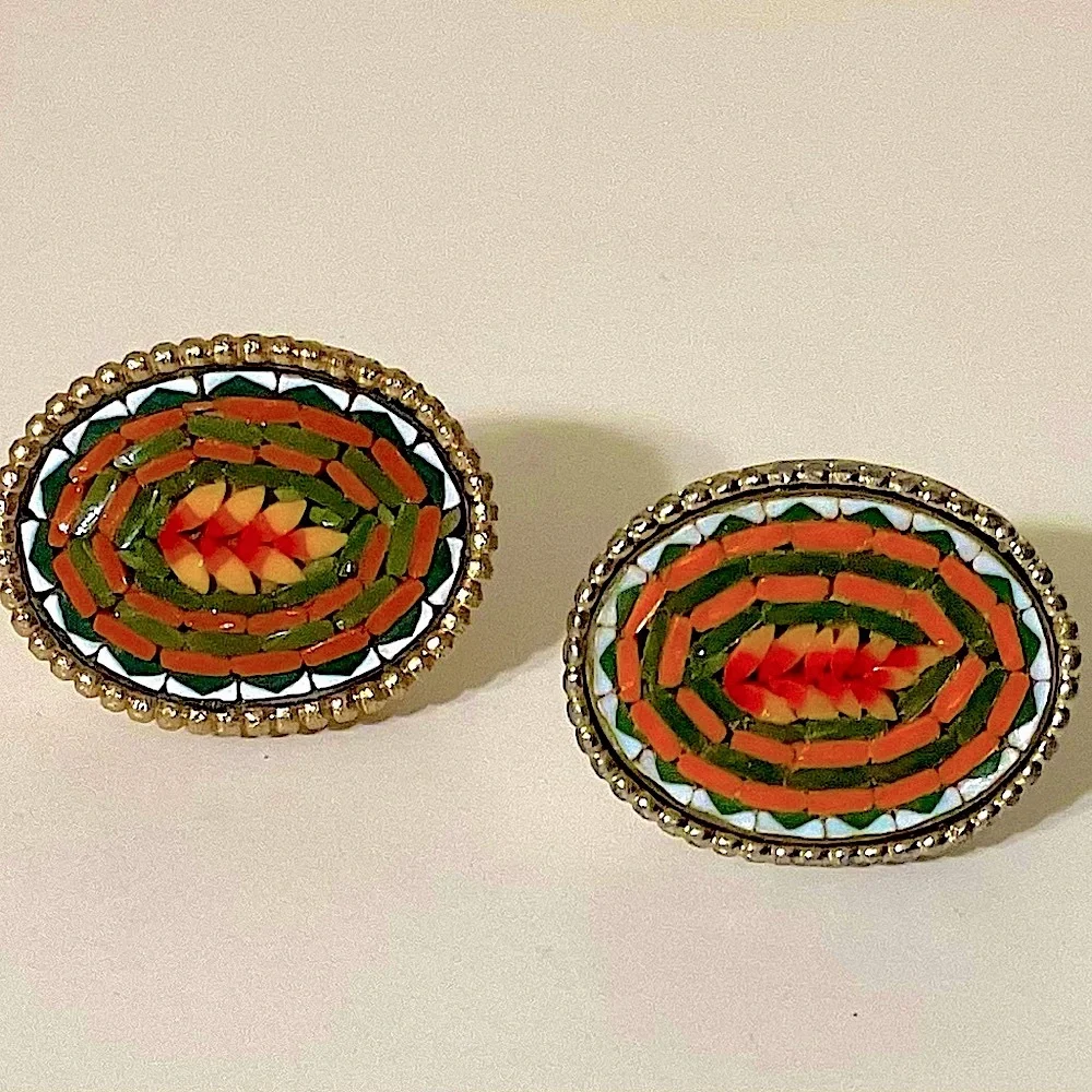 Rare Vintage Glass Micro Mosaic Lg Oval Cufflinks Goldtone
